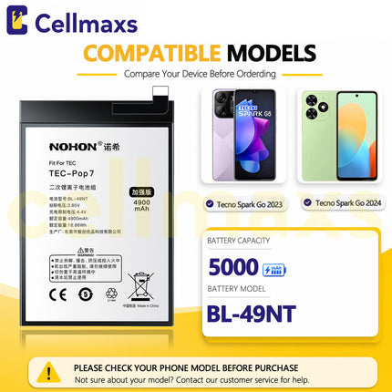 Nohon Battery BL-49NT 5000mAh For Tecno Pop 7 Pro Spark Go 2023 2024 BF6 BG6 BF7n Battery Replacement With Tools Adhesive