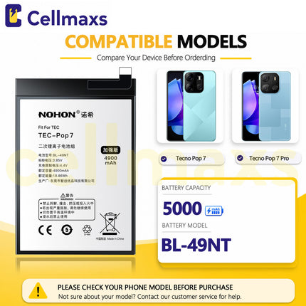 Nohon Battery BL-49NT 5000mAh For Tecno Pop 7 Pro Spark Go 2023 2024 BF6 BG6 BF7n Battery Replacement With Tools Adhesive