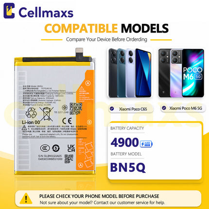 Cellmaxs Battery BN5Q 5020mAh For Xiaomi Poco C65 M6 5G Redmi 13c 2310FPCA4G 23128PC33I 23100RN82L 23124RN87G Battery Replacement With Tools Adhesive