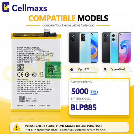 Cellmaxs Battery BLP885 For Oppo A36 A76 A96 4G PESM10 CPH2375 CPH2333 5000mAh Battery Replacement With Tools Adhesive