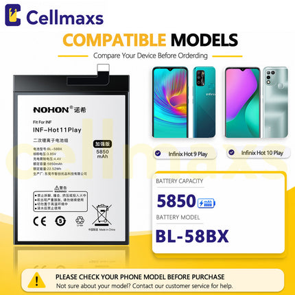 Nohon Battery BL-58BX 6000mAh For Infinix Hot 9 10 11 20 30 Play X680 X688B X688C X6825 Battery Replacement With Tools Adhesive