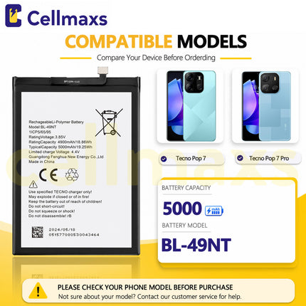 Cellmaxs Battery BL-49NT 5000mAh For Tecno Pop 7 Pro Spark Go 2023 2024 BF6 BG6 BF7n Battery Replacement With Tools Adhesive