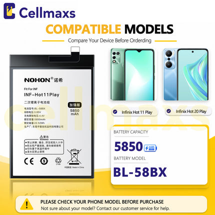 Nohon Battery BL-58BX 6000mAh For Infinix Hot 9 10 11 20 30 Play X680 X688B X688C X6825 Battery Replacement With Tools Adhesive