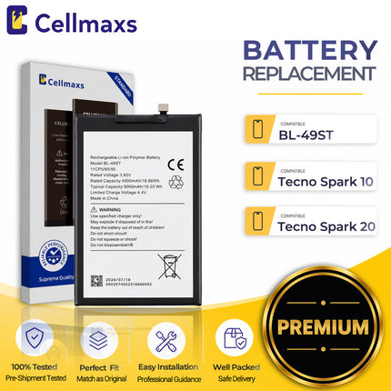 Cellmaxs Battery BL-49ST For Tecno Spark 10 10C Pro 20 KJ5 KI7 KI5q KI5k 5000mAh Battery Replacement With Tools Adhesive