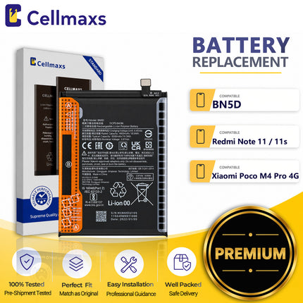 Cellmaxs Battery BN5D 5000mAh For Xiaomi Poco M4 Pro Redmi Note 11 11s 4G 2201117TG 2201117SG 2201117PG Battery Replacement With Tools Adhesive