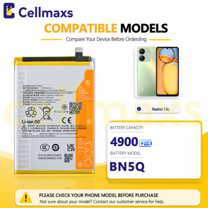 Cellmaxs Battery BN5Q 5020mAh For Xiaomi Poco C65 M6 5G Redmi 13c 2310FPCA4G 23128PC33I 23100RN82L 23124RN87G Battery Replacement With Tools Adhesive