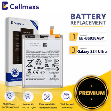 Cellmaxs Battery EB-BS928ABY 5000mAh For Samsung Galaxy S24 Ultra S928 SM-S928B SM-S928B/DS SM-S928U Battery Replacement With Tools Adhesive