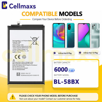 Cellmaxs Battery BL-58BX 6000mAh For Infinix Hot 9 10 11 20 30 Play X680 X688B X688C X6825 Battery Replacement With Tools Adhesive