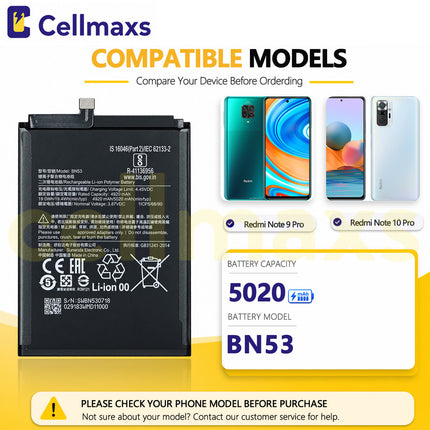 Cellmaxs Battery BN53 5020mAh For Xiaomi Redmi Note 9 10 Pro 4G M2003J6B2G M2101K6G M2101K6R Battery Replacement With Tools Adhesive