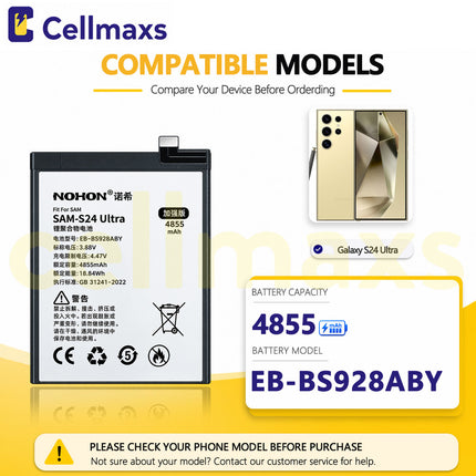 Nohon Battery EB-BS928ABY 4855mAh For Samsung Galaxy S24 Ultra S928 SM-S928B SM-S928B/DS SM-S928U Battery Replacement With Tools Adhesive