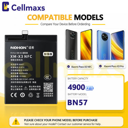 Nohon Battery BN57 4900mAh For Xiaomi Poco X3 NFC Pro M2007J20CG M2007J20CT M2102J20SG M2102J20SI Battery Replacement With Tools Adhesive