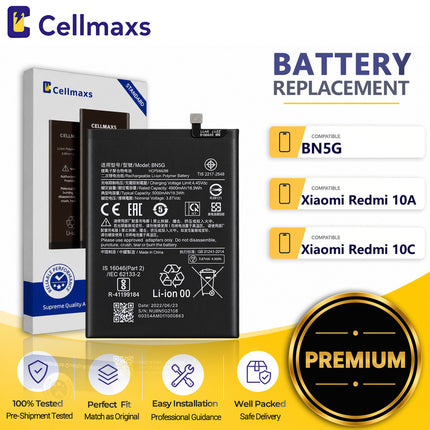 Cellmaxs Battery BN5G 5000mAh For Xiaomi Redmi 10A 10C 220233L2C 220233L2G 220333QAG 220333QBI 220333QNY Battery Replacement With Tools Adhesive