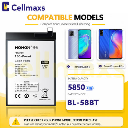 Nohon Battery BL-58BT 5850mAh For Tecno Spark 6 Air Pouvoir 4 Pro Pova KE6 KF6 LC7 LD7 Battery Replacement With Tools Adhesive