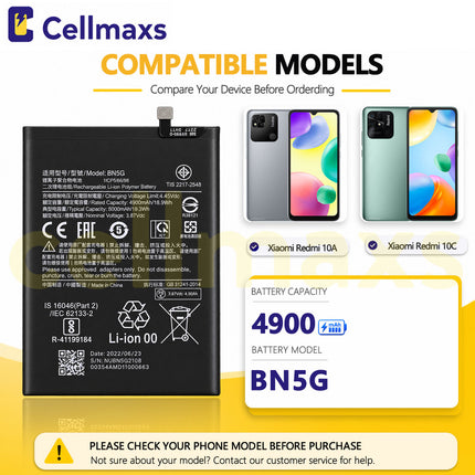 Cellmaxs Battery BN5G 5000mAh For Xiaomi Redmi 10A 10C 220233L2C 220233L2G 220333QAG 220333QBI 220333QNY Battery Replacement With Tools Adhesive