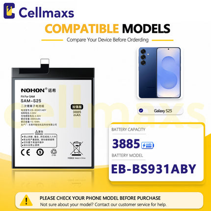 Nohon Battery EB-BS931ABY 3885mAh For Samsung Galaxy S25 S931 SM-S931B SM-S931B/DS SM-S931U Battery Replacement With Tools Adhesive