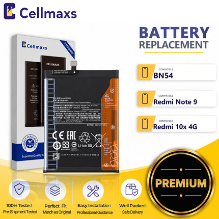 Cellmaxs Battery BN54 5020mAh For Xiaomi Redmi Note 9 10X 4G M2003J15SC M2003J15SG M2003J15SS M2003J15SC Battery Replacement With Tools Adhesive