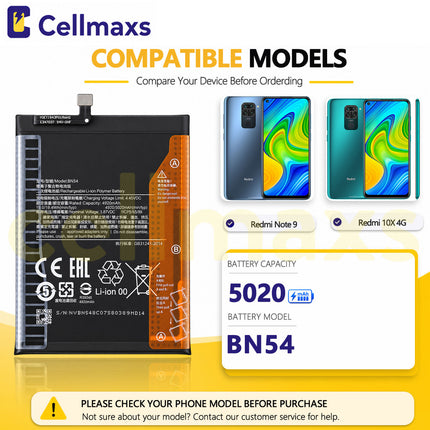 Cellmaxs Battery BN54 5020mAh For Xiaomi Redmi Note 9 10X 4G M2003J15SC M2003J15SG M2003J15SS M2003J15SC Battery Replacement With Tools Adhesive