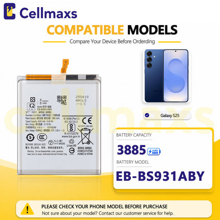 Cellmaxs Battery EB-BS931ABY 4000mAh For Samsung Galaxy S25 S931 SM-S931B SM-S931B/DS SM-S931U Battery Replacement With Tools Adhesive