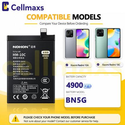 Nohon Battery BN5G 4900mAh For Xiaomi Redmi 10A 10C 220233L2C 220233L2G 220333QAG 220333QBI 220333QNY Battery Replacement With Tools Adhesive