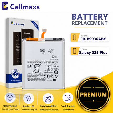 Cellmaxs Battery EB-BS936ABY 4755mAh For Samsung Galaxy S25+ S25 Plus SM-S936B SM-S936B/DS SM-S936U Battery Replacement With Tools Adhesive